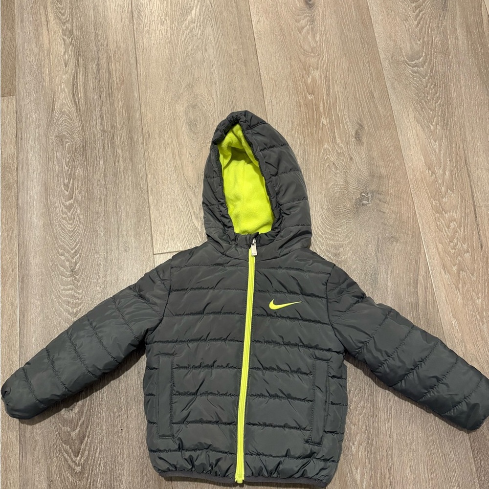 Nike Kids Charcoal Puffer Jacket with Neon Yellow Accents